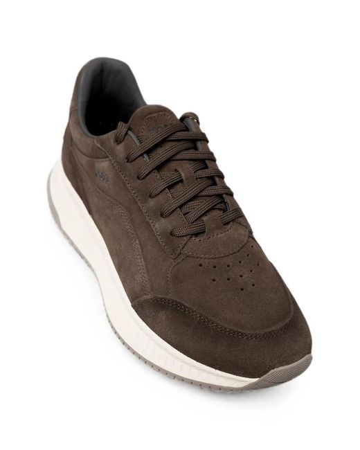 Boss Brown Perforated-Detail Suede Sneakers for men