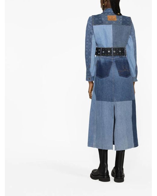 MARINE SERRE Blue Belted Panelled Denim Coat