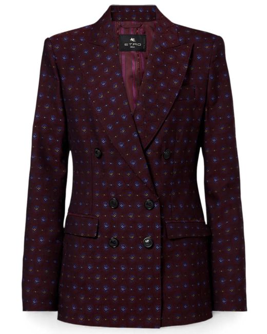 Etro Purple Double-Breasted Jacquard-Pattern Blazer