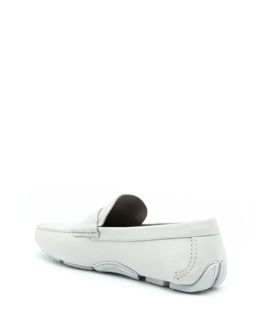 Ferragamo White Penny-Slot Leather Driving Loafers for men