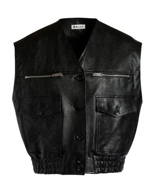 Bally Black V-Neck Zip-Detail Leather Vest