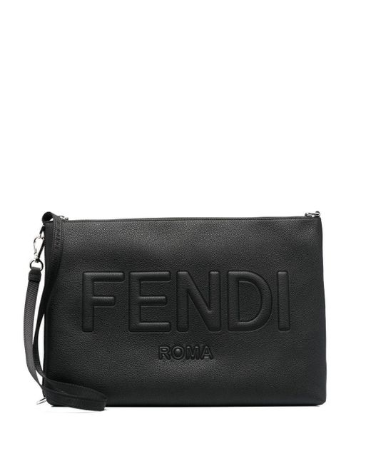 Fendi Black Embossed-logo Clutch Bag for men