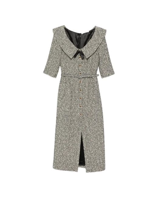 Alessandra Rich Gray Off-Shoulder Sequin-Tweed Midi Dress