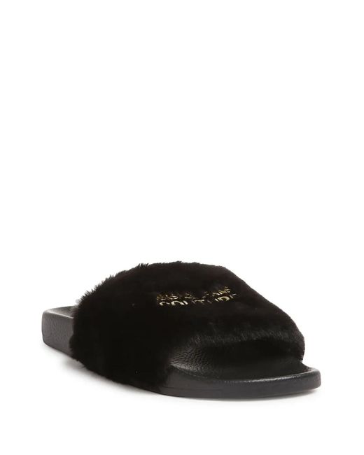 Versace Jeans Couture Black Faux-Fur Embroidered Logo Slides