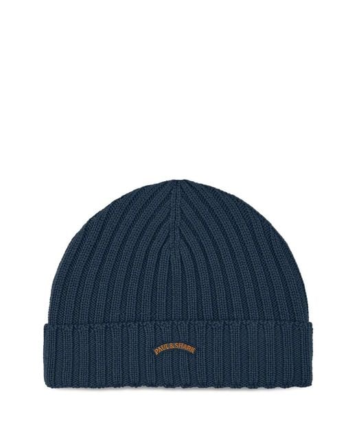 Paul & Shark Blue Ribbed Beanie Hat for men