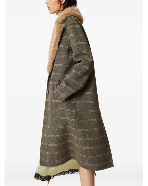 Twinset Gray Chequered Double Wool Coat With Faux-Fur