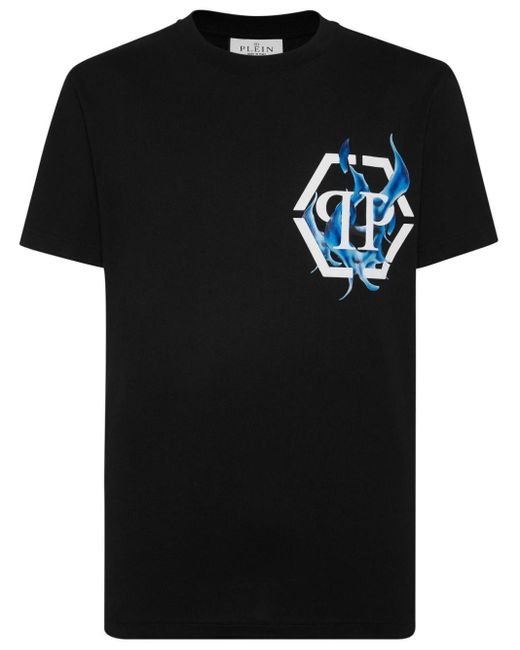Philipp Plein Black Logo Flame-print Cotton T-shirt for men