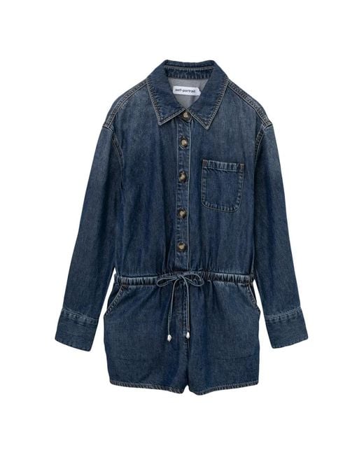 Self-Portrait Blue Drawstring-Waist Button-Front Playsuit
