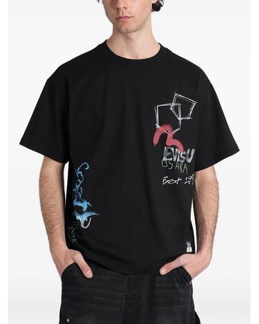 Evisu Black Graffiti-Print Seagull T-Shirt for men