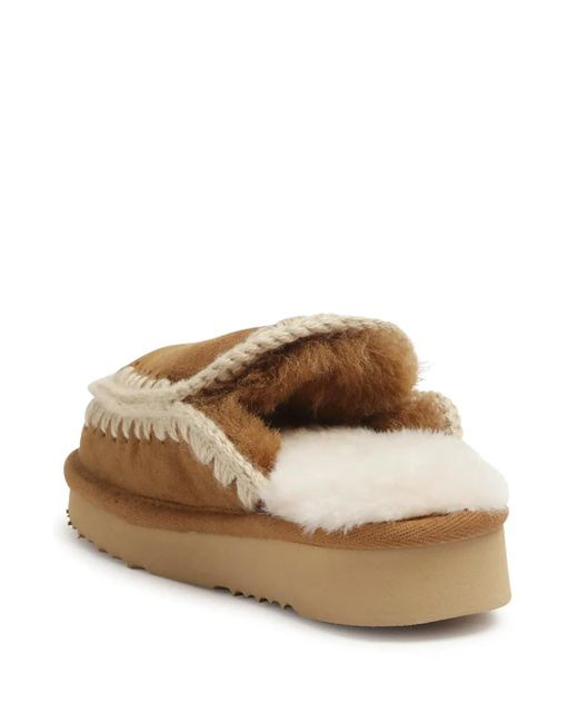 Mou Brown Shearling Crochet-Trim Slip-On Slippers