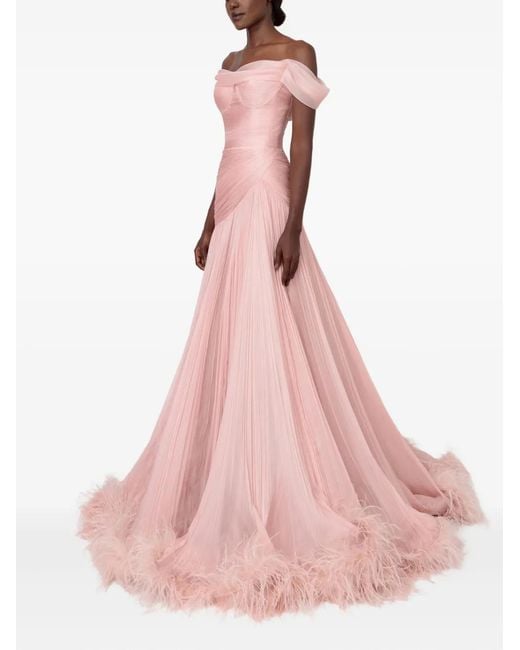 IRIS SERBAN Pink Petal Off-Shoulder Feathered Maxi Dress