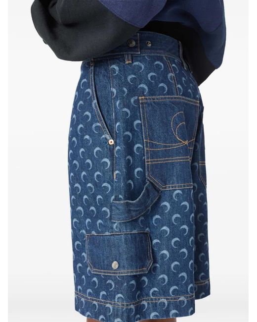 MARINE SERRE Blue Moon-Print Denim Shorts