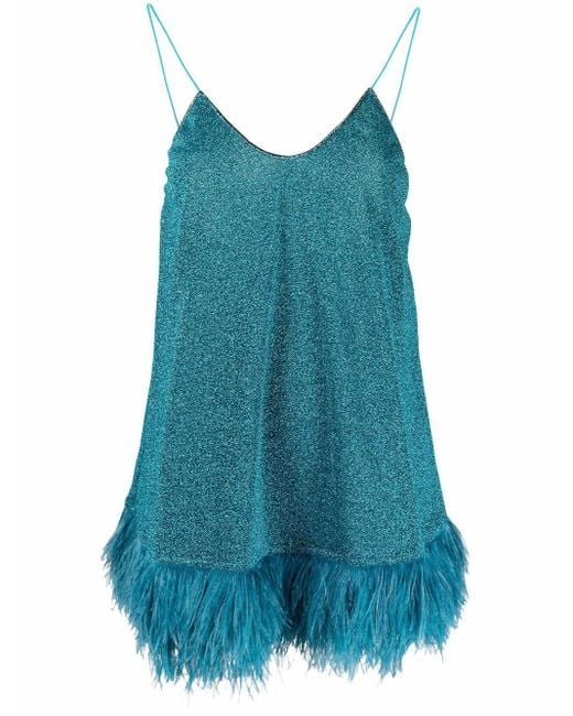 Oseree Blue Feather-embellished Glittered Mini Dress