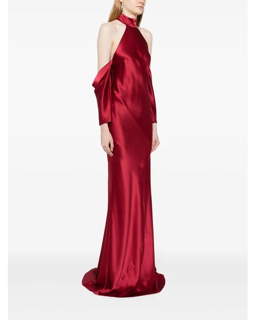Michelle Mason Halterneck Drop-Sleeve Maxi Dress in Red | Lyst