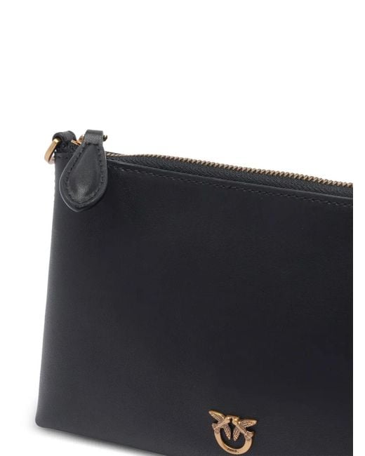 Pinko Black Flat Leather Clutch With Love Birds Logo