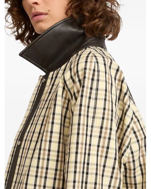 Yves Salomon White Check-Pattern Leather Collar Coat