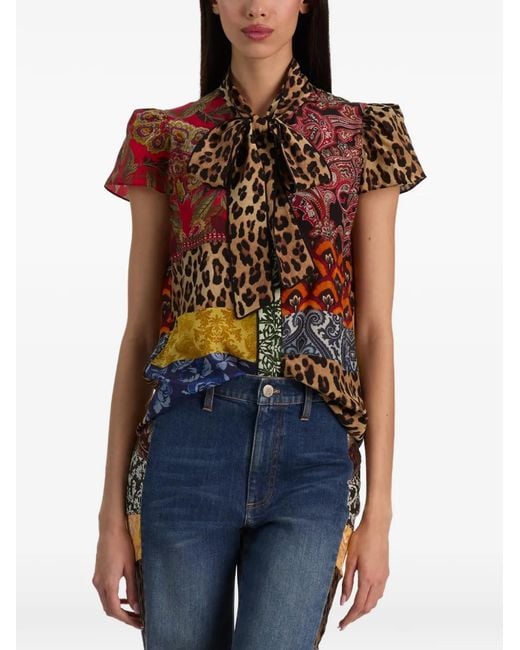 Alice + Olivia Brown Jeannie Patchwork-Print Pussy-Bow Blouse
