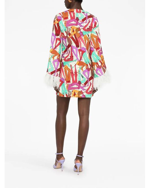 LaDoubleJ Red Feather-Trim Printed Cotton Dress