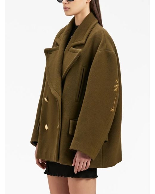 Palm Angels Green Palm-Embroidery Double-Breasted Coat