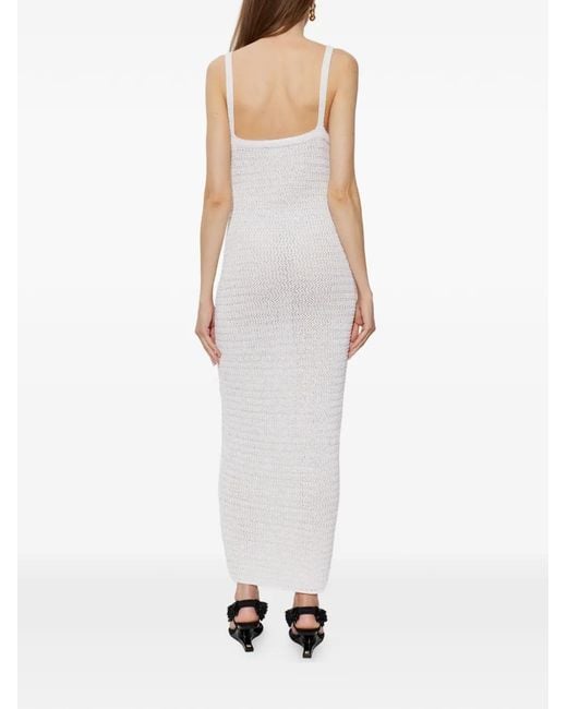 Balmain White Crochet-Knit V-Neck Maxi Dress