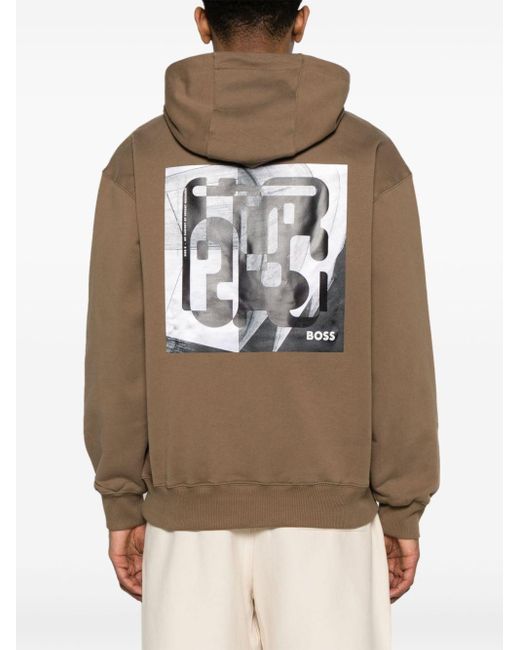 Boss Brown Graphic-print Cotton Hoodie for men