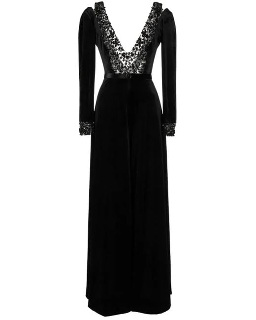 Saiid Kobeisy Black Beaded Velvet Wide-Leg Jumpsuit