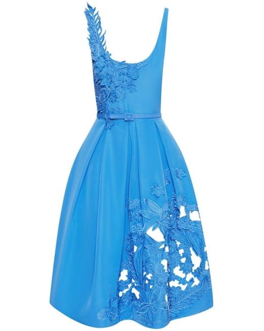 Oscar de la Renta Midi-jurk Met Geborduurde Bloemen in het Blue