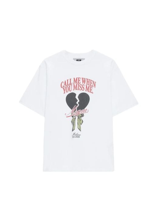 MSGM White Broken Heart-Graphic T-Shirt