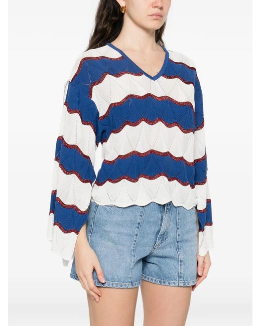 LaDoubleJ Blue Wave-Pattern V-Neck Sweater