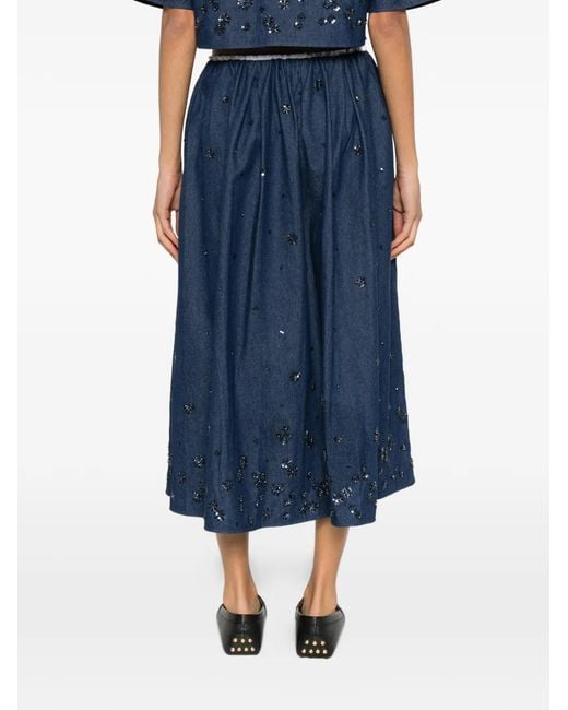 Maje Blue Embroidered Denim Midi Skirt