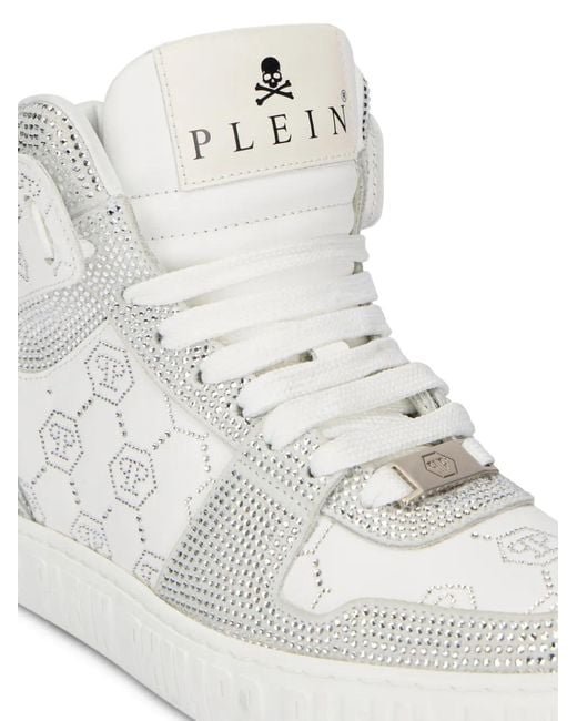 Philipp Plein White High Top Sneakers Carson Monogram Strass