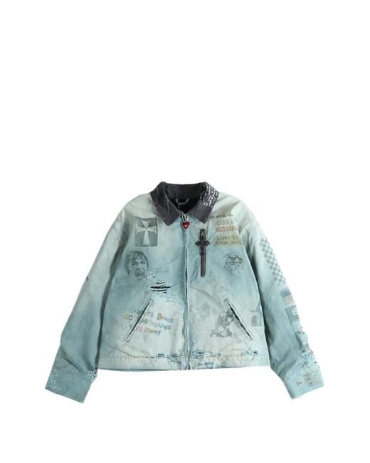 SAITOS Blue Distressed Graphic-Print Work Jacket for men