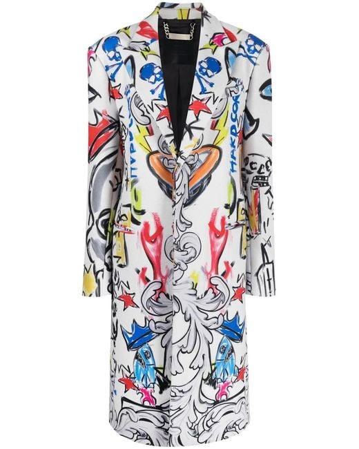 Philipp Plein Blue Agnelli Graffiti-Print Single-Breasted Coat