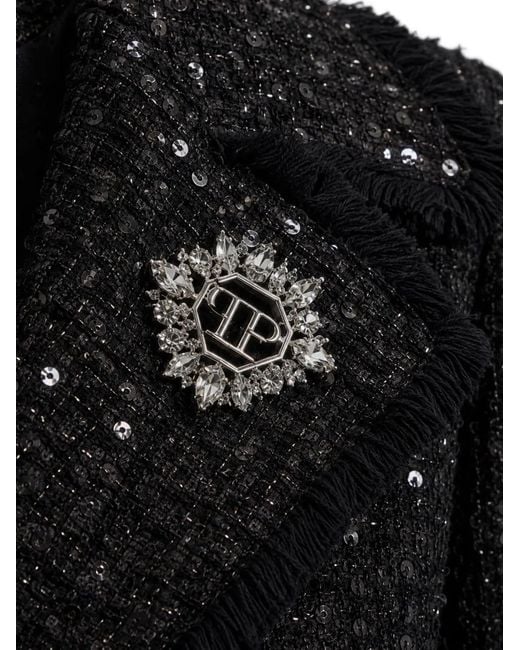 Philipp Plein Black Tweed Long Coat Paillettes