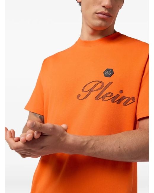 Philipp Plein Orange Round Neck T-Shirt Signature for men