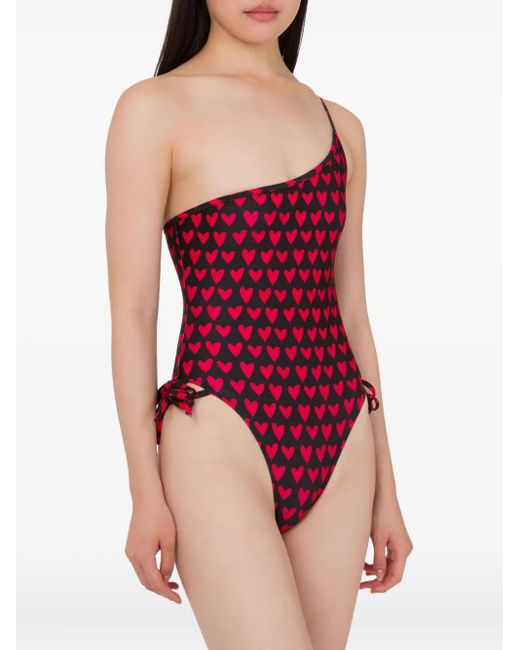 Moschino Red Heart-Print One-Shoulder Swimsuit