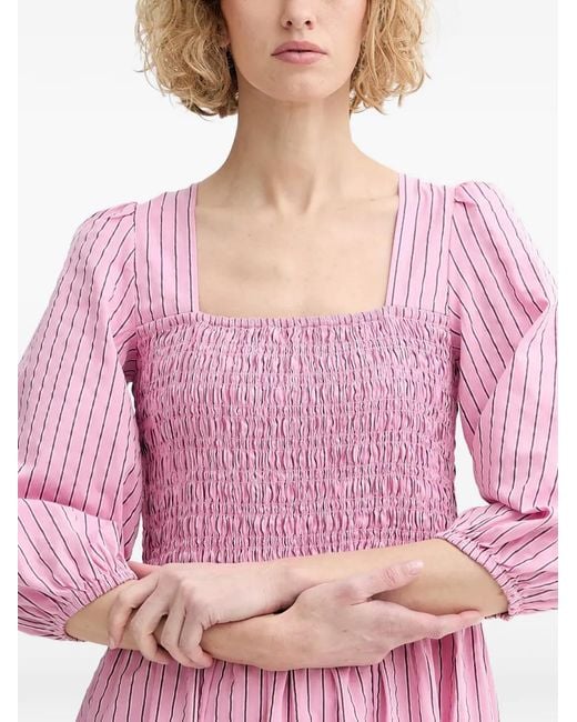Marc O' Polo Pink Striped Shirred Midi Dress