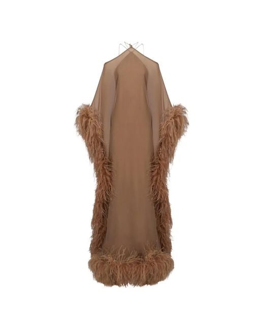 Taller Marmo Brown Sza Sza Spirito Feather-Trim Maxi Kaftan Dress