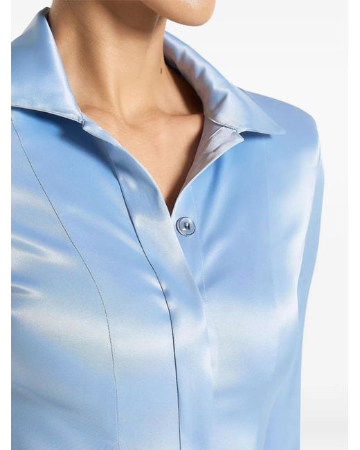 Manière De Voir Blue Louise Wide Shoulder Satin Shirt Bodysuit