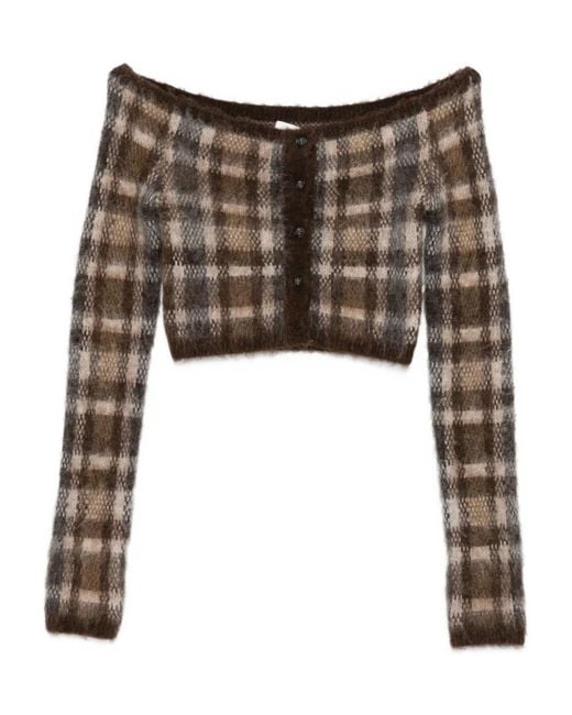 Nanushka Brown Off-Shoulder Check Cardigan
