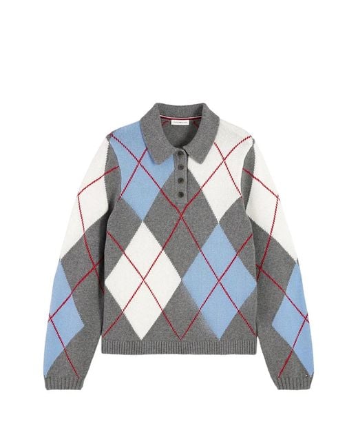 Tommy Hilfiger Blue Argyle-Knit Polo-Collar Sweater