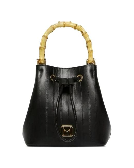 Marella Black Bamboo-Handle Reptile-Embossed Bucket Bag