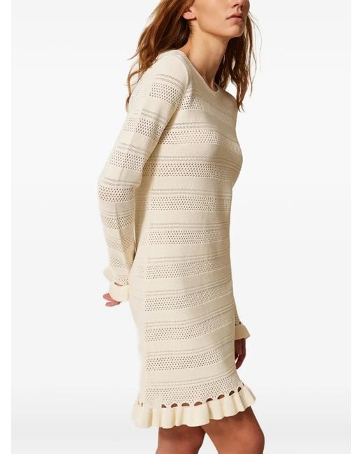 Twinset White Short Knit Dress With Ruffles