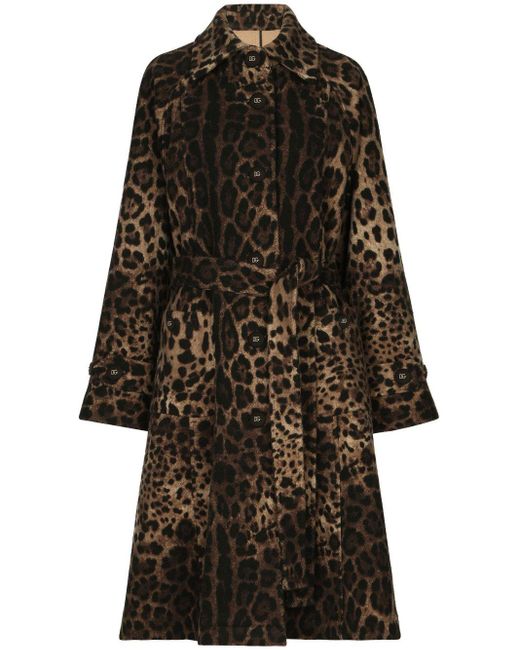 Dolce & Gabbana Leopard-print Belted Single-breasted Coat in het Black