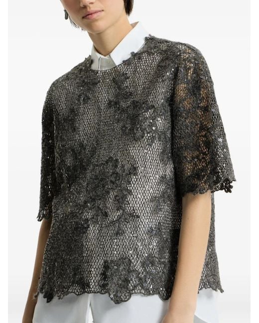 Brunello Cucinelli Gray Dazzling Lace-Embroidery T-Shirt