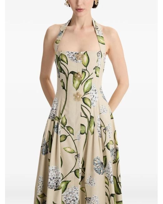 Oscar de la Renta Natural Flower-Print Halter-Neck Midi Dress