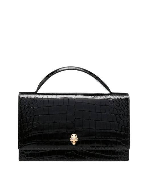 McQueen Black Skull Crocodile-Effect Leather Tote Bag