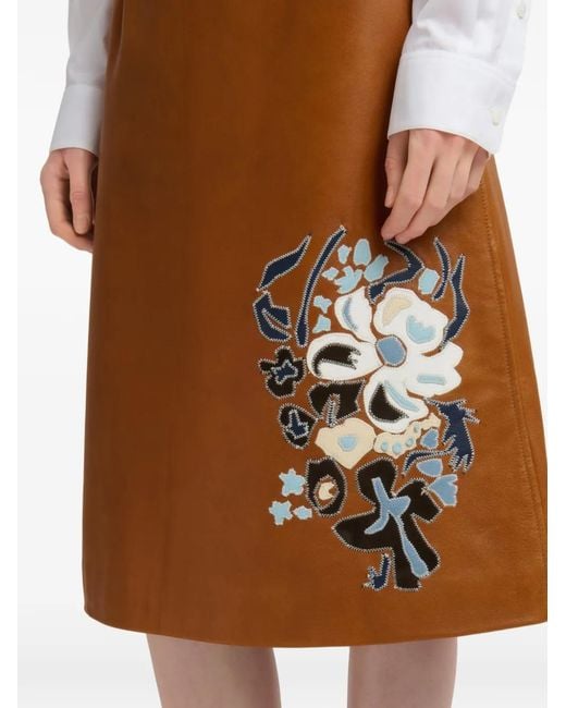 Marni Brown Floral Intarsia Leather Skirt