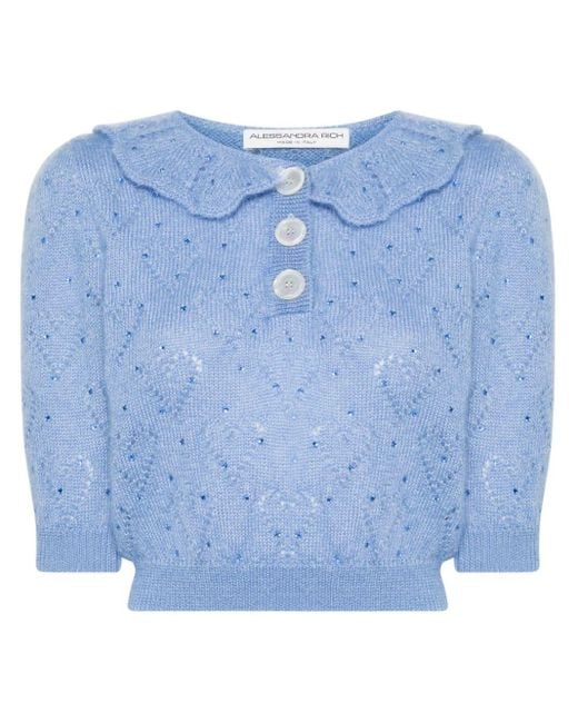 Alessandra Rich Blue Crystal-embellished Pointelle-knit Top