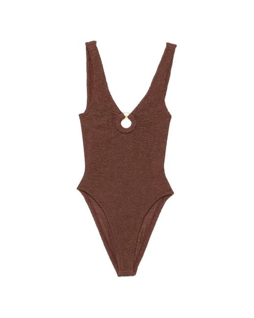 Hunza G Brown Crinkle-Effect Ring-Detail Swimsuit